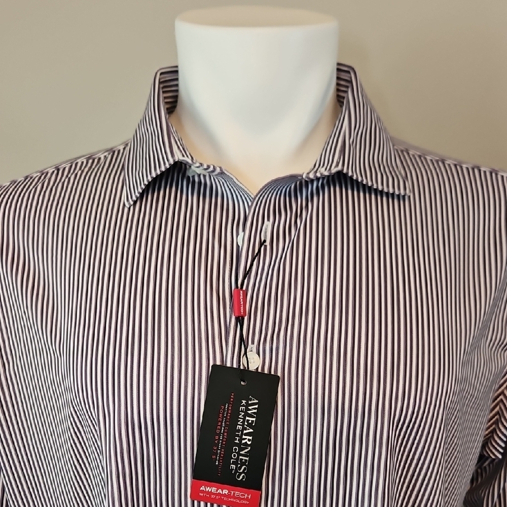 Kenneth Cole Men's Black Purple and White Striped Dress Shirt Slim Fit - Picture 3 of 11